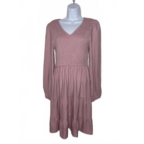 Zesica Dresses & Skirts - Zesica Women's Sz S Rose Shirred V-neck Long Sleeve Fall Midi Dress(1903)
